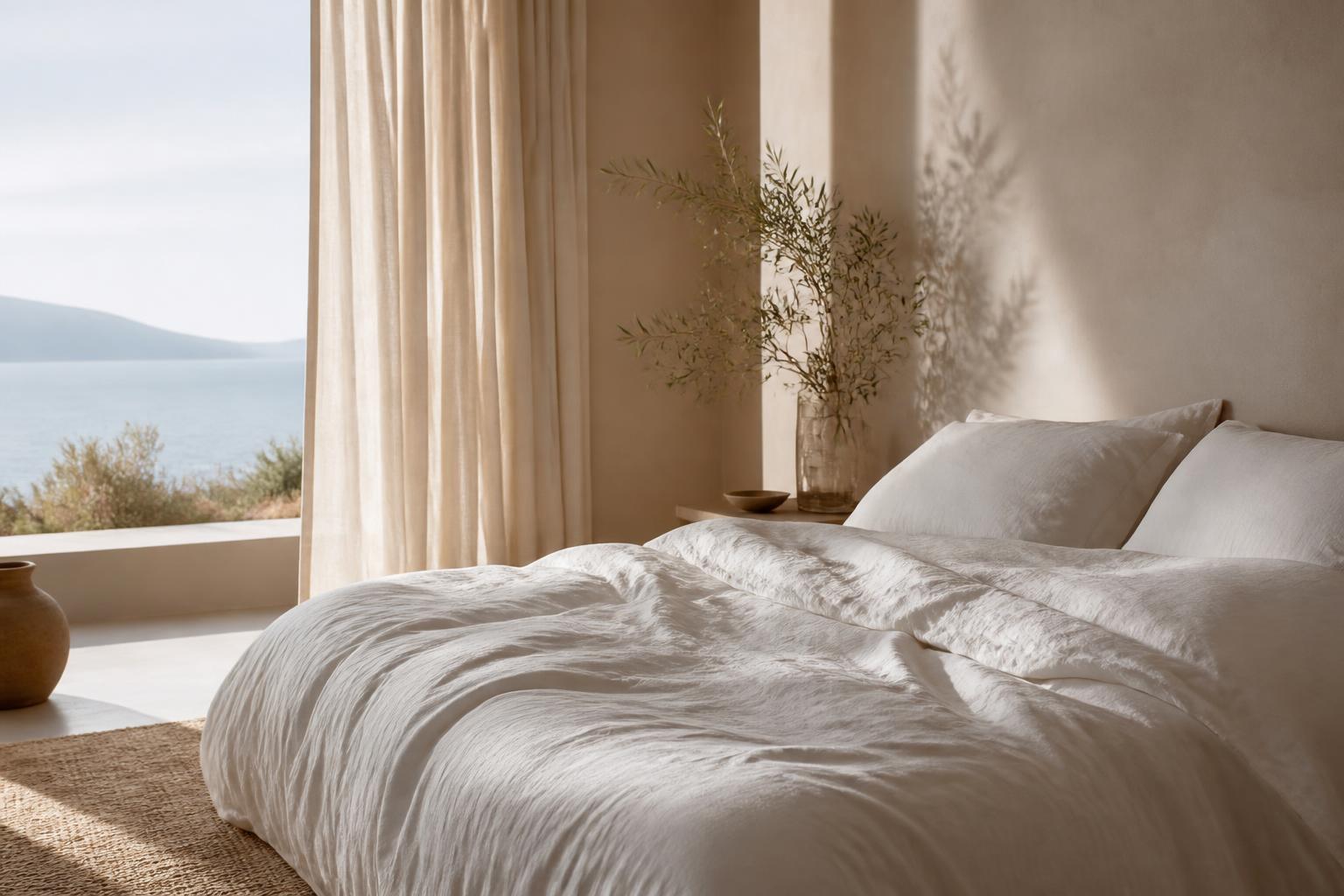 Sunlit bedroom dressed in crisp ivory linens with a view of the sea