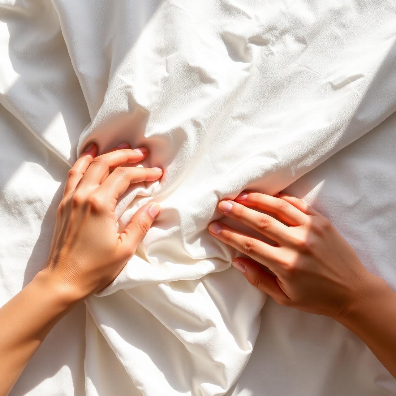 Hands smoothing soft folded ivory linens
